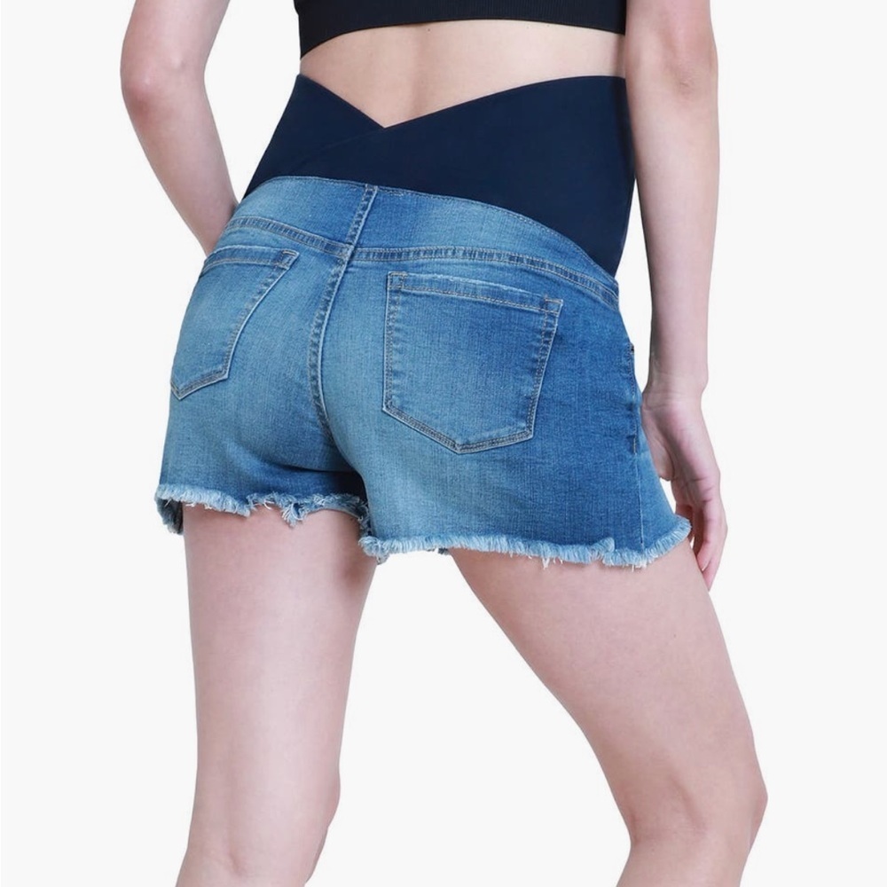 Ingrid & Isabel Over the Bump Cutoff Denim Maternity Shorts - Picture 2 of 8